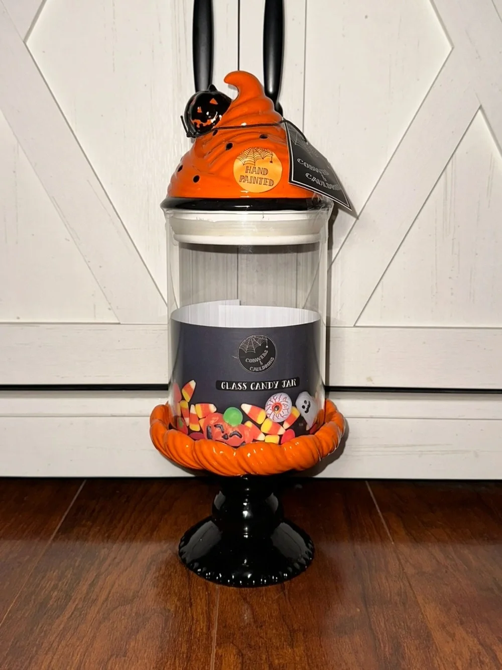 Cobwebs & Cauldrons Hand-Painted Orange & Black Halloween Glass Candy Jar